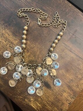 Gold Tone Statement Necklace with Clear Crystal Drops